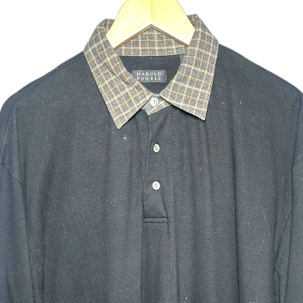Harold Powell Men's Size XL Black Long Sleeve Polo Shirt Plaid Collar‎